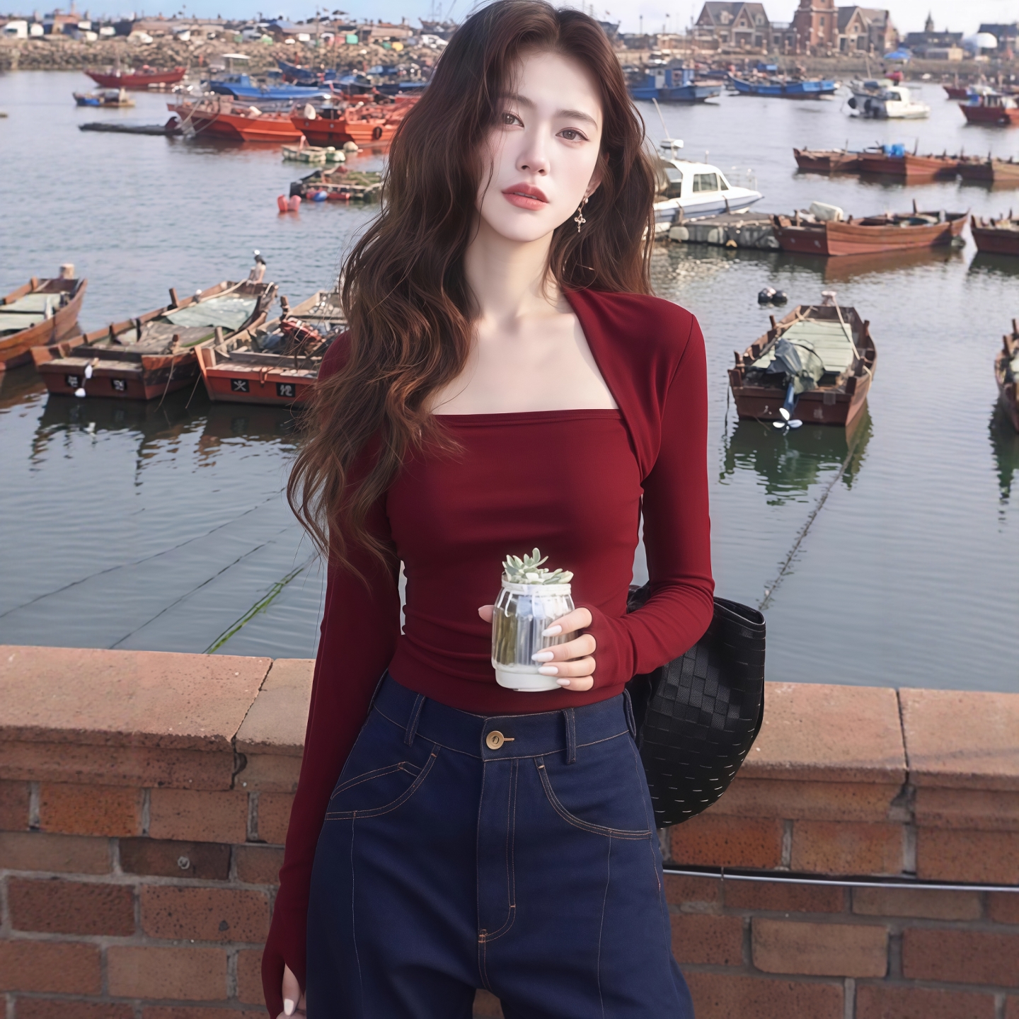 红色修身内搭长袖T恤女2025新款秋冬设计感打底穿搭韩系辣妹上衣