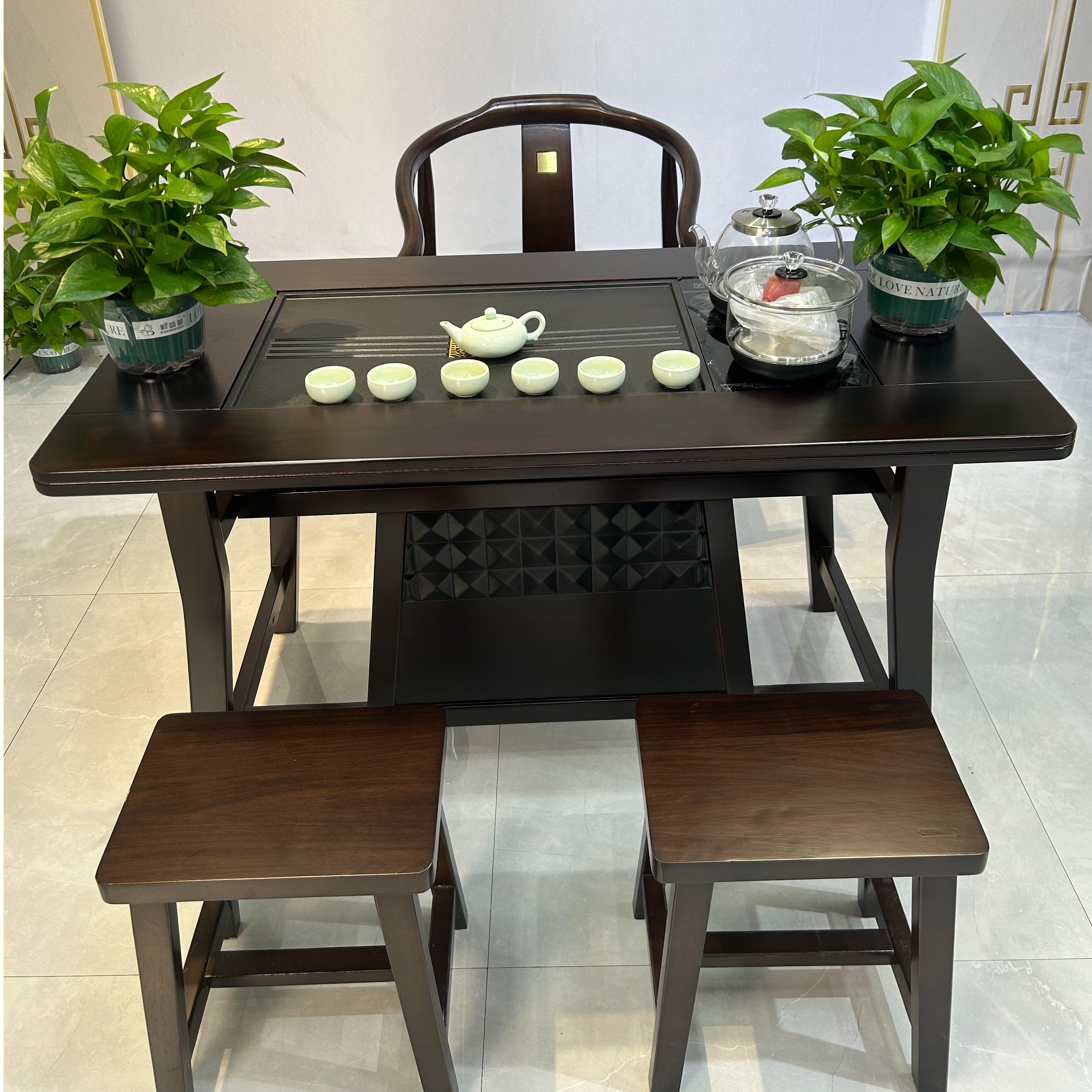 新中式小型乌金色茶台家用商用实木大板桌茶椅功夫阳台专用小茶台