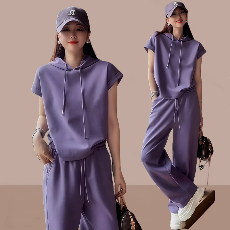 慵懒风休闲套装女2026年夏季新款宽松气质连帽短袖阔腿裤两件套潮