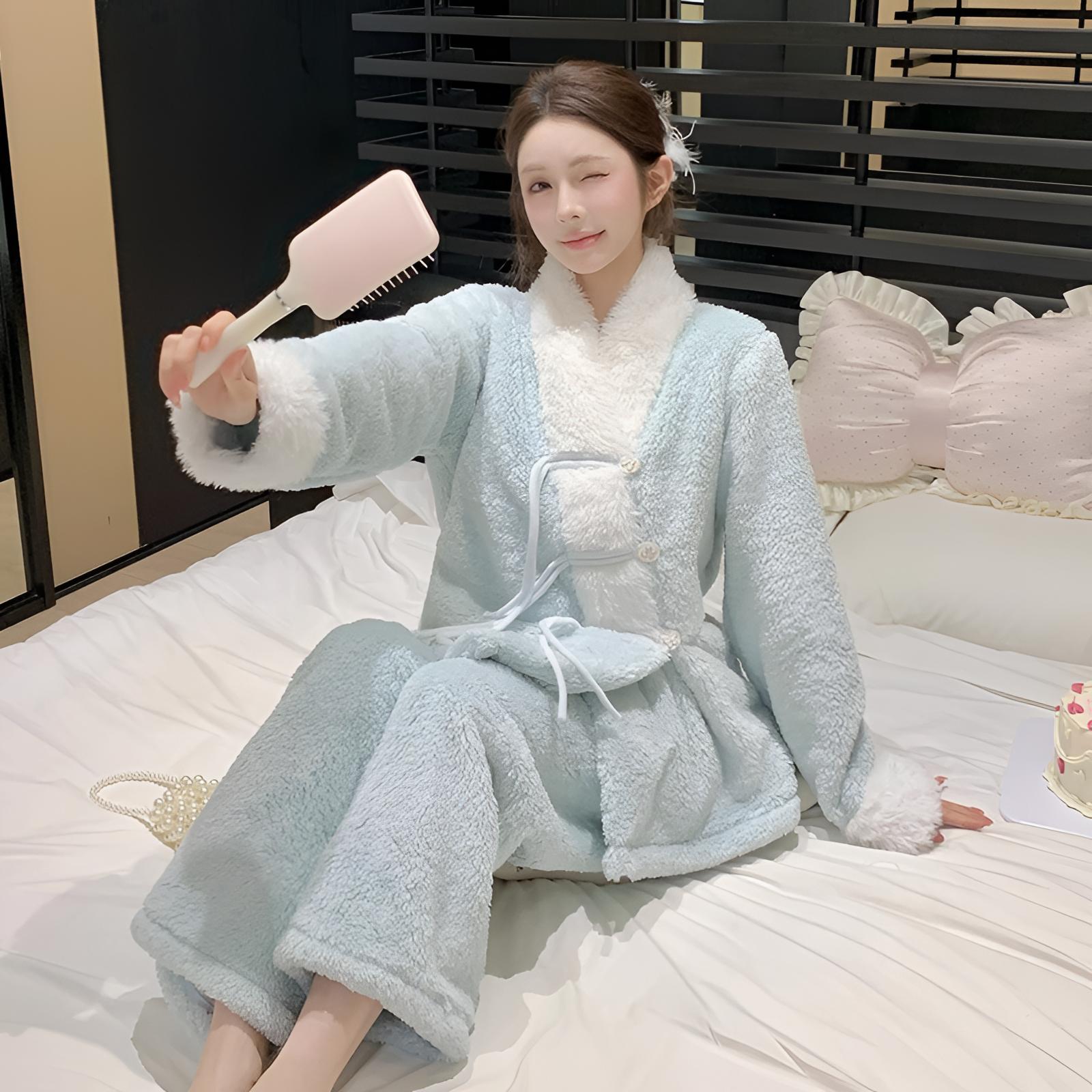 2025新款珊瑚绒睡衣女秋冬加绒加厚保暖套装甜美国风家居服可外穿