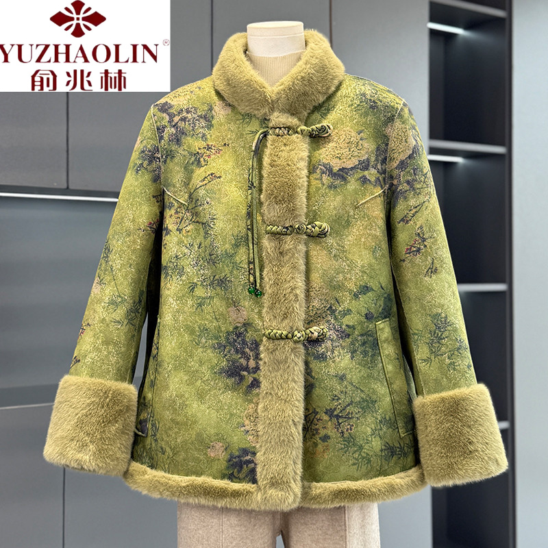 俞兆林新中式妈妈秋冬装皮毛一体水貂绒外套中老年女仿皮草大衣加