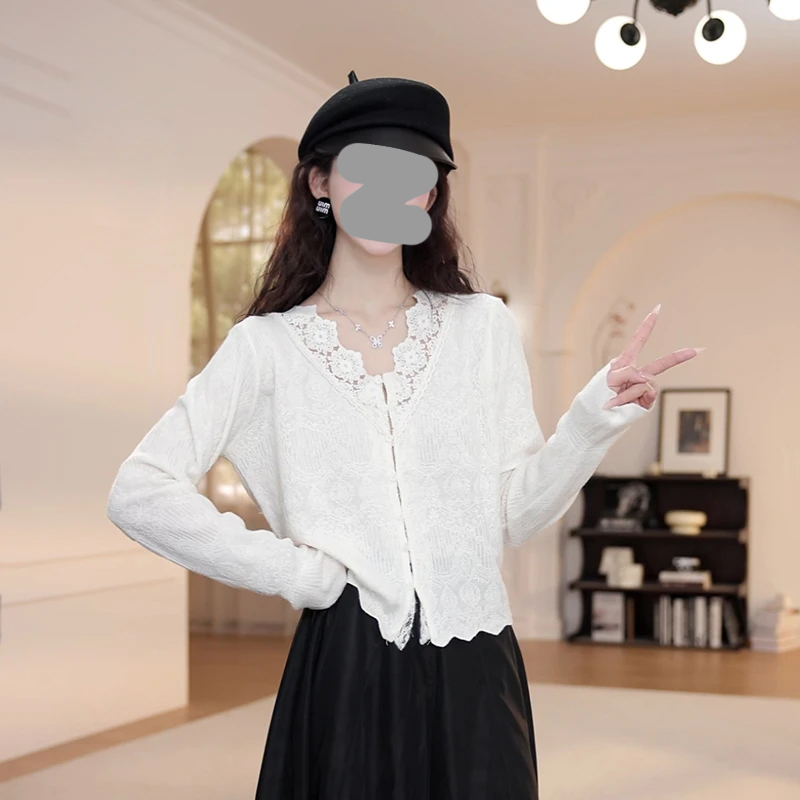 气质V领蕾丝提花荷叶边上衣2025早秋新款打底衫显瘦韩版时尚女装