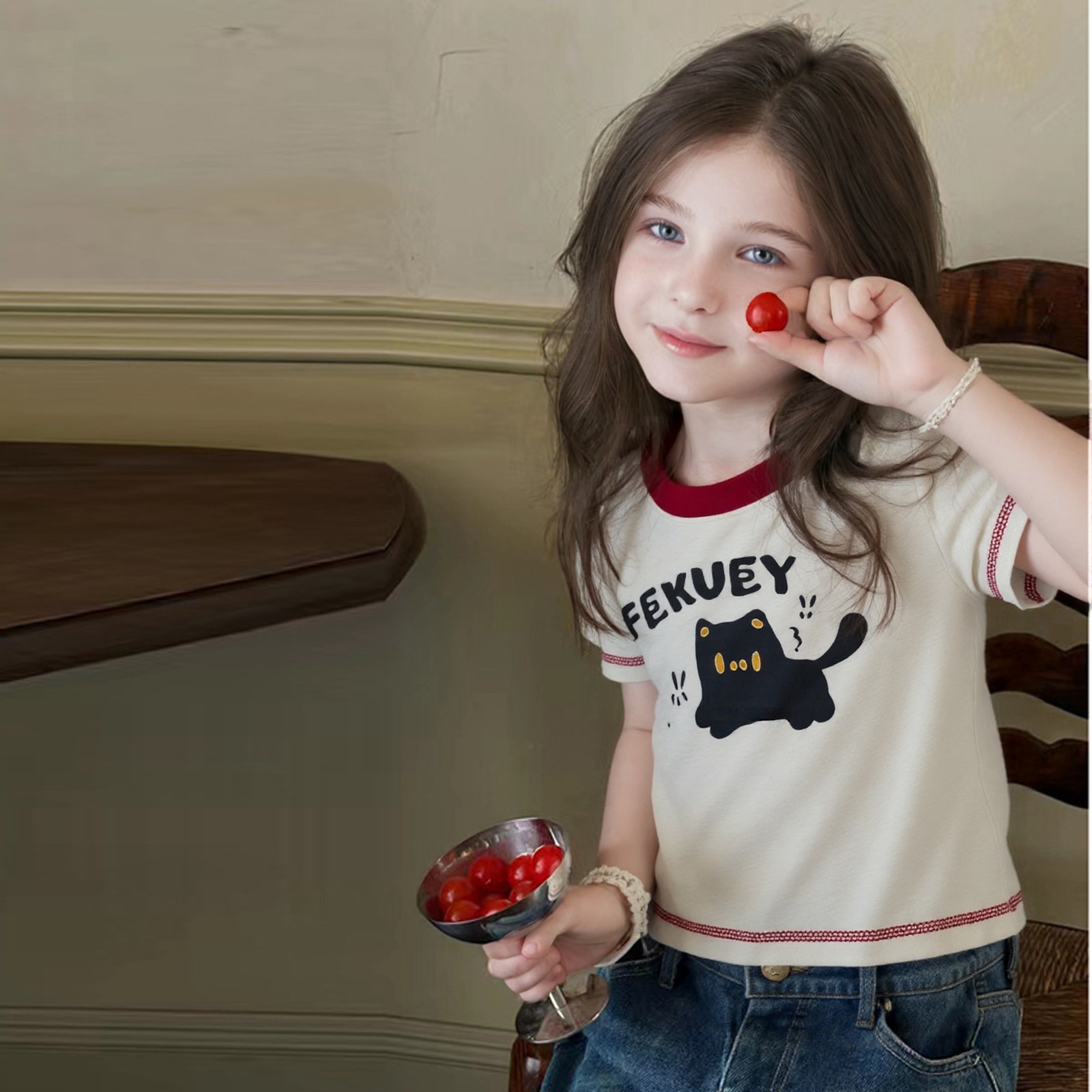 女童纯棉洋气2025新款夏装韩系小童女宝宝短袖卡通休闲T恤儿童