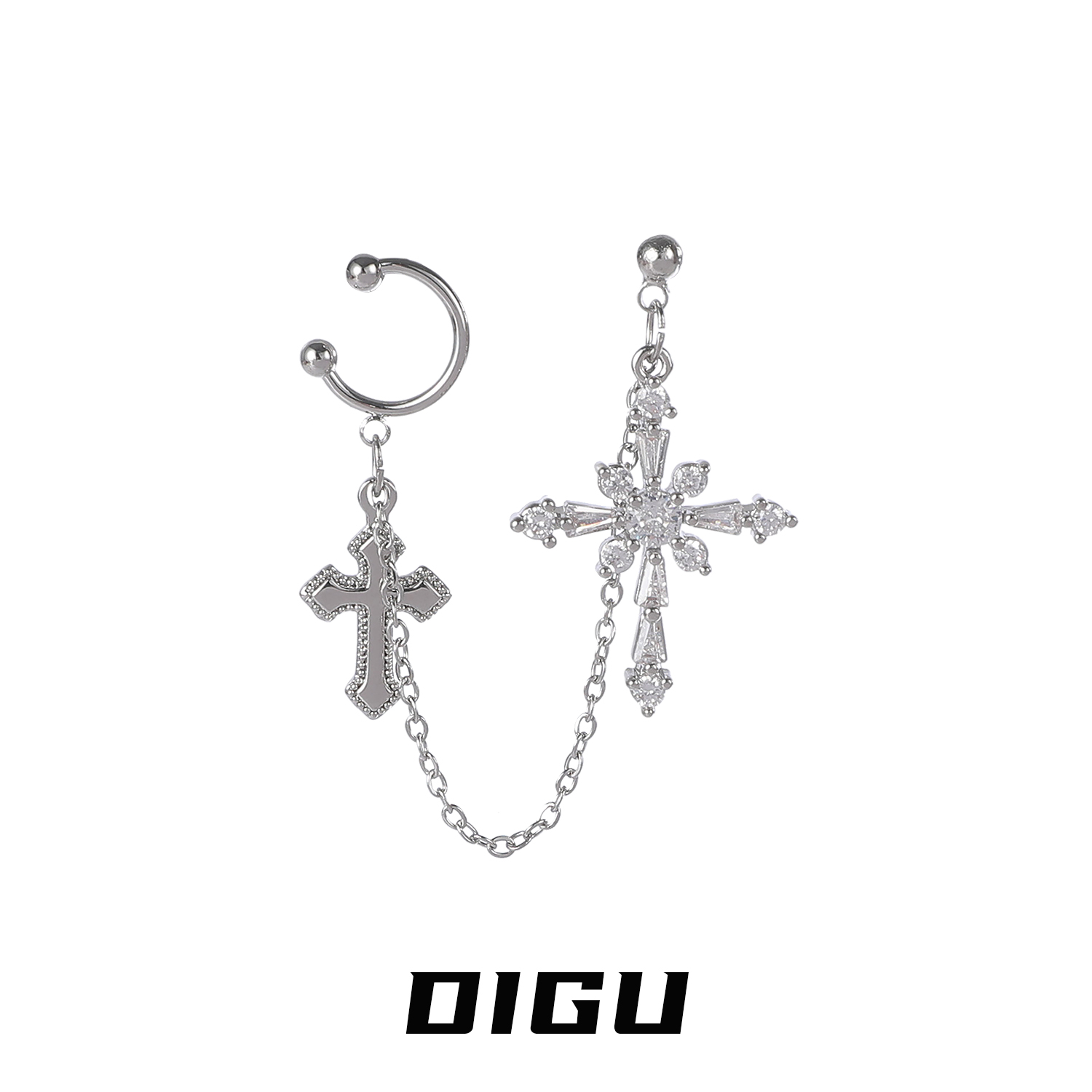 嘀咕家 铜合金合成锆石耳饰 双十字架耳环耳夹一体式闪钻耳钉耳饰