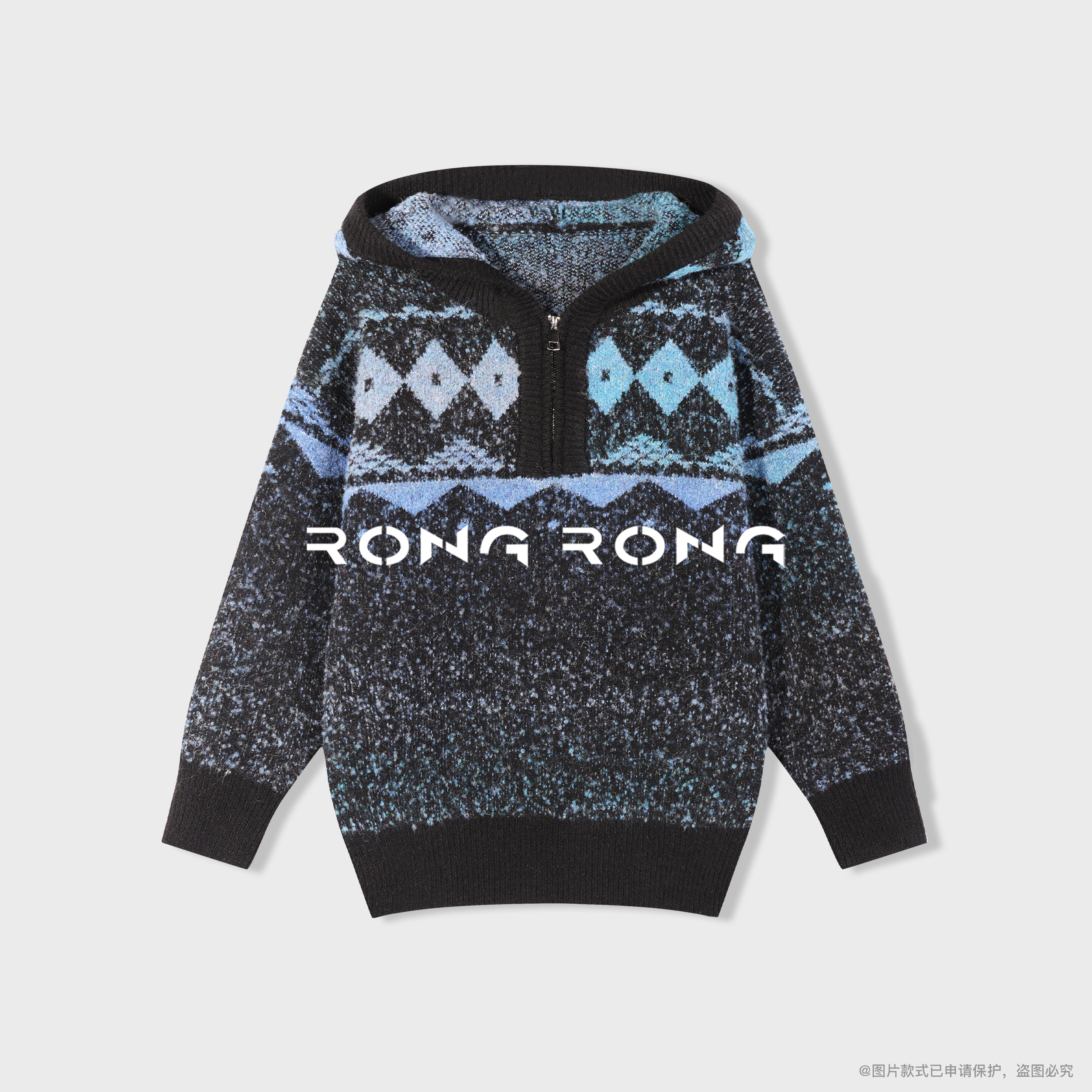 溶溶【极光雪蓝】RONGRONG 羊毛混纺费尔岛提花半拉链毛衣2505K532