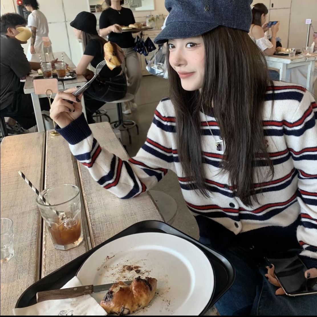 【现货】条纹针织衫女2025年秋季新款小狗刺绣长袖薄款开衫