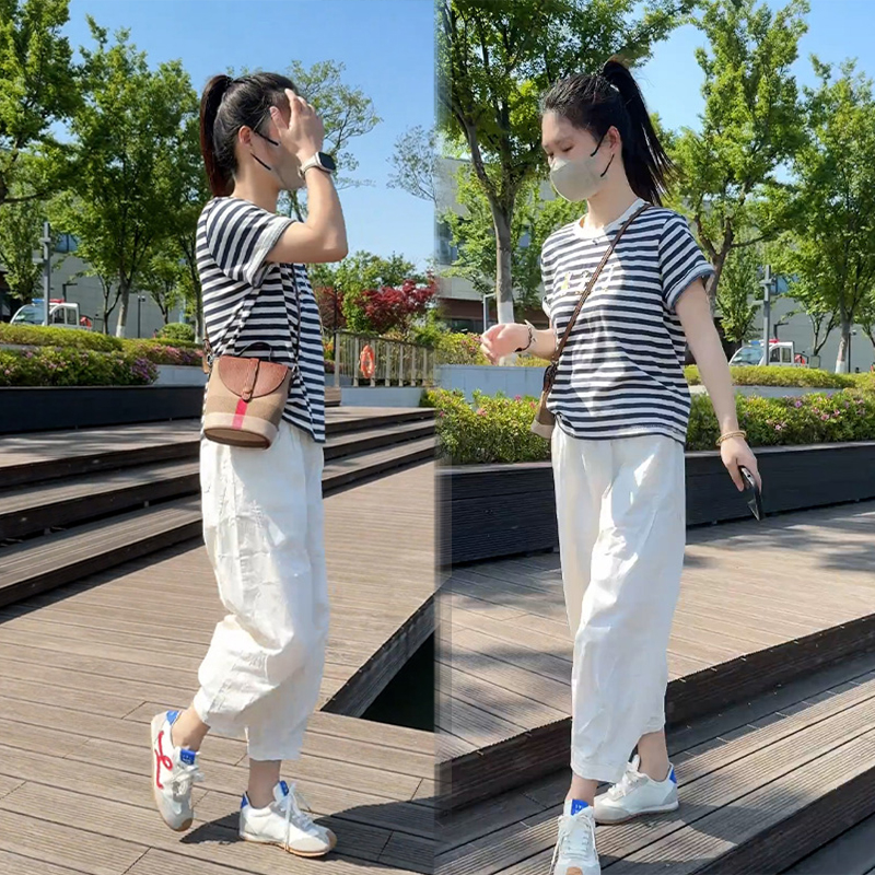 微胖显瘦夏季百搭一整套小个子减龄卡通绣花条纹短袖休闲裤两件套