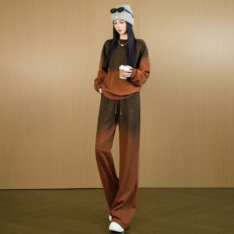 高级感休闲运动套装女2025秋季潮牌时尚扎染烫钻卫衣阔腿裤两件套