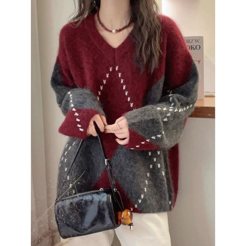 奥特莱斯清仓欧洲站撞色菱形格浣熊绒针织衫女2024秋装新款宽松百