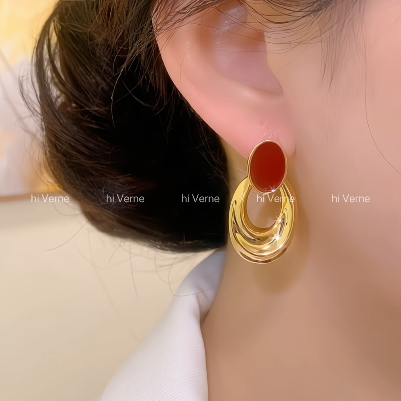 铜合金无非金属耳饰 法式复古红色滴油金属椭圆耳坠个性轻奢时尚