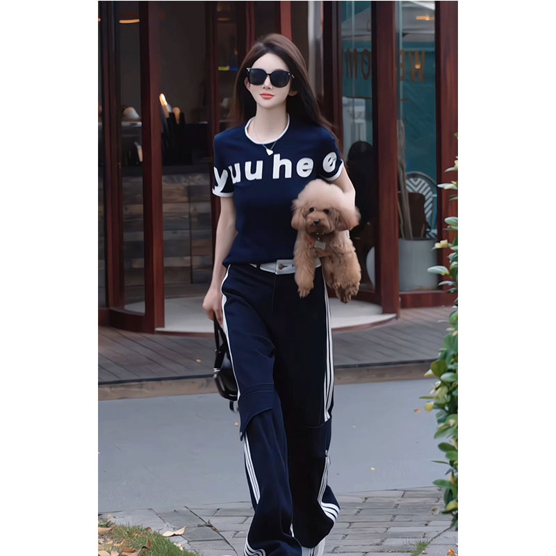 时尚气质撞色字母短袖T恤休闲运动穿搭显高工装直筒裤夏季两件套