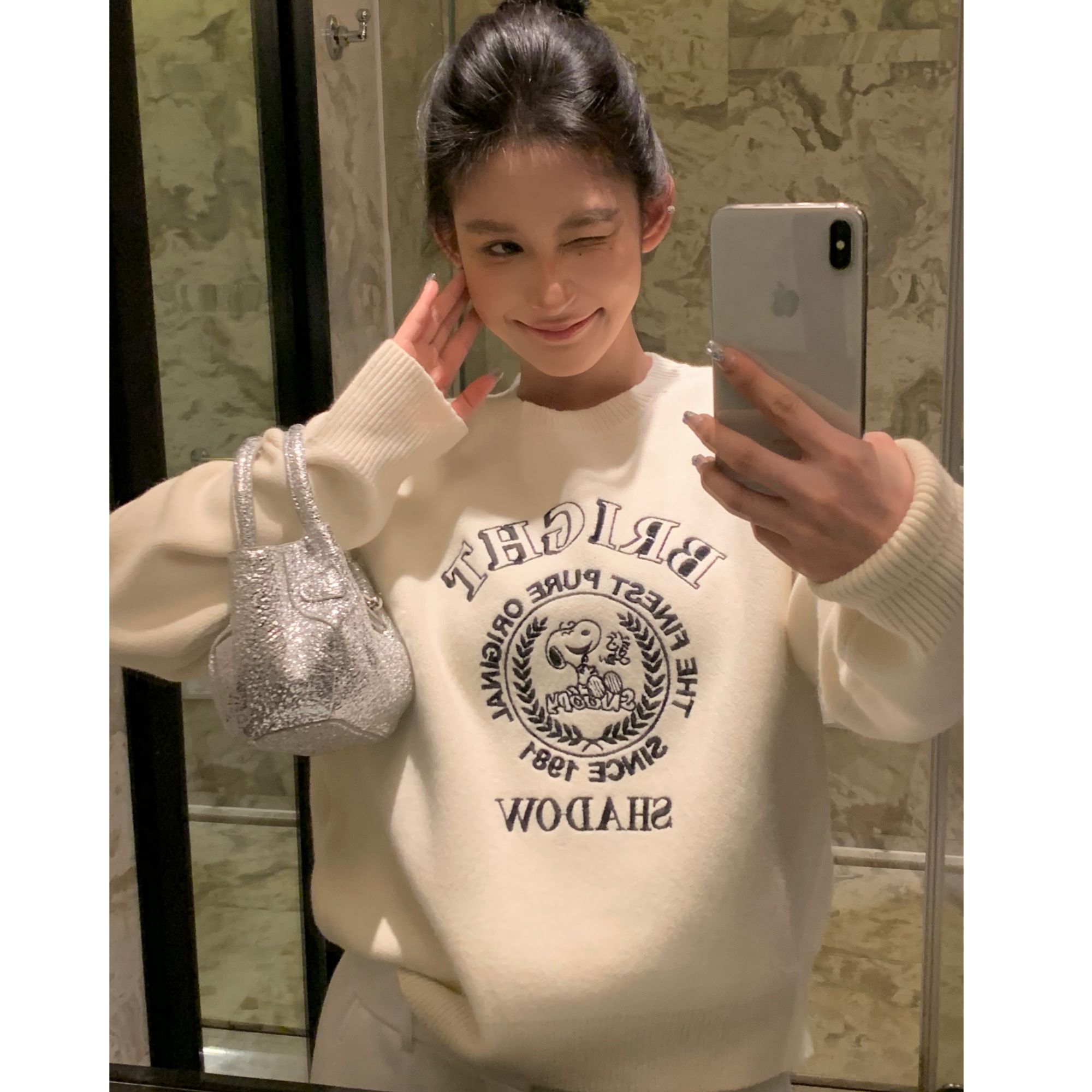 现货【线团狗狗】早秋薄款印花长袖套头毛衣女韩版宽松针织衫62521