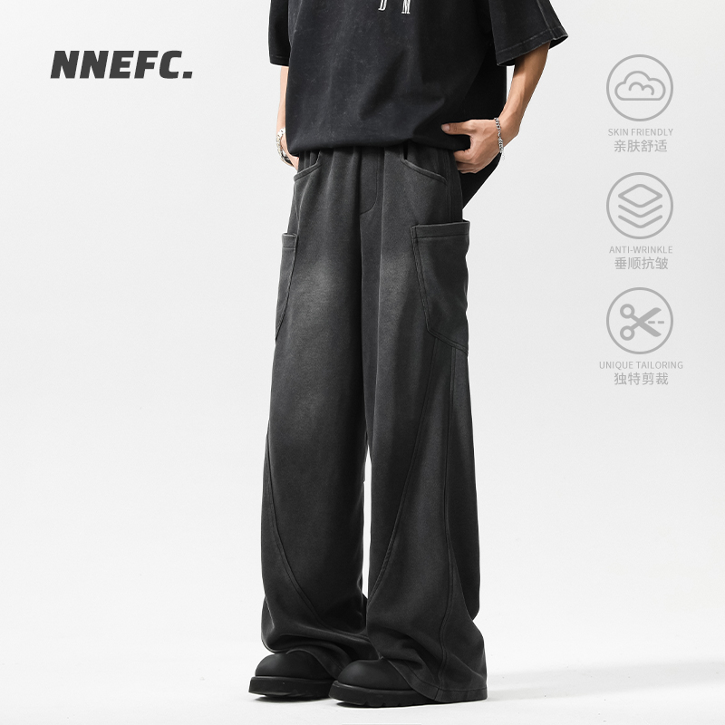 NNEFC2025结构美学设计水洗做旧休闲裤阔腿裤美式宽松褶皱卫裤