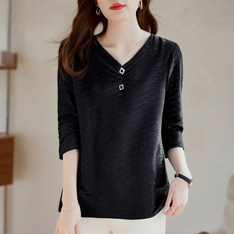 长袖t恤女春秋2025年秋季新款大码女装宽松显瘦妈妈上衣V领打底衫