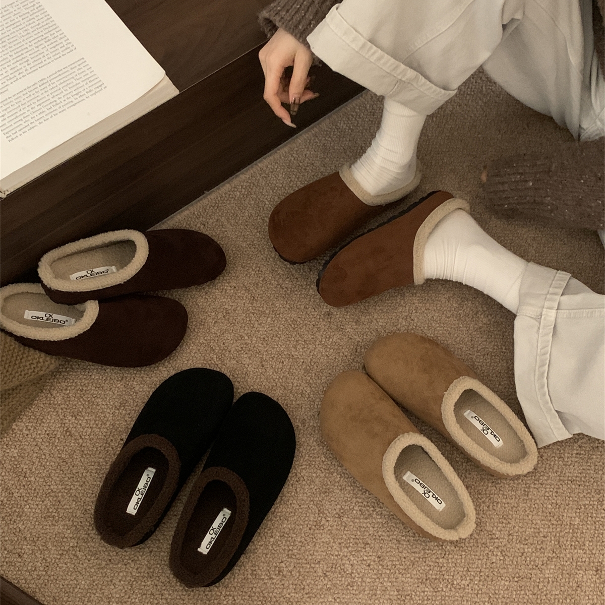 秋冬新款包头毛毛加绒半拖鞋外穿反绒皮革保暖懒人一脚蹬棉拖