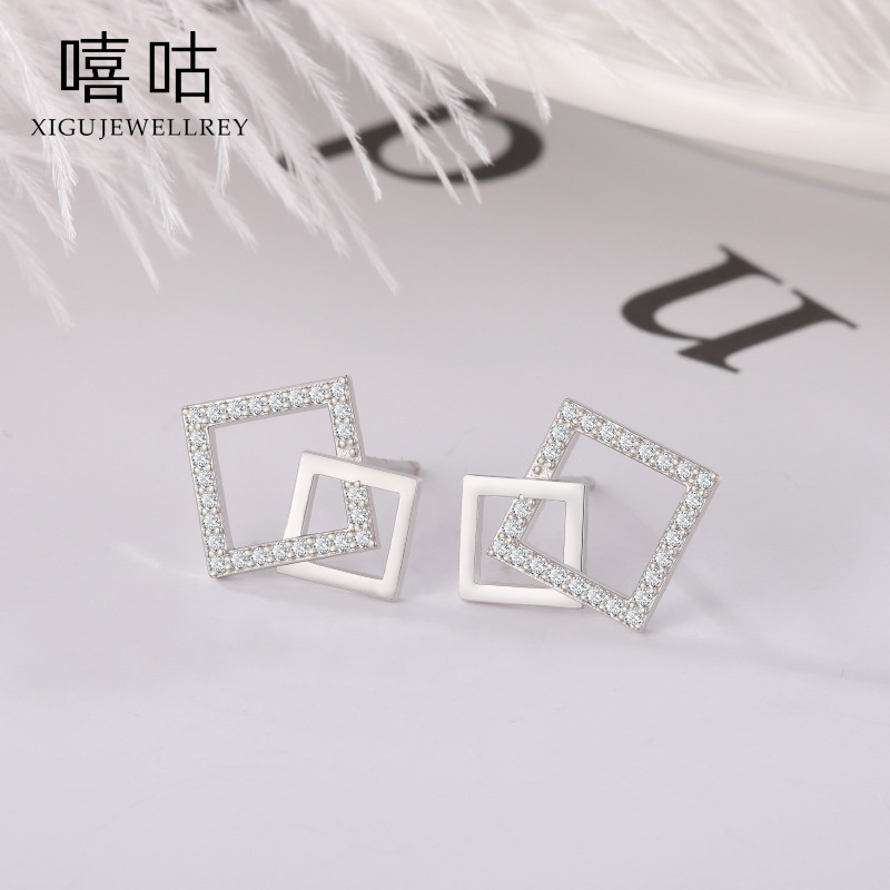 嘻咕E0878S925银锆方形耳钉女方形几何耳钉气质耳环耳饰