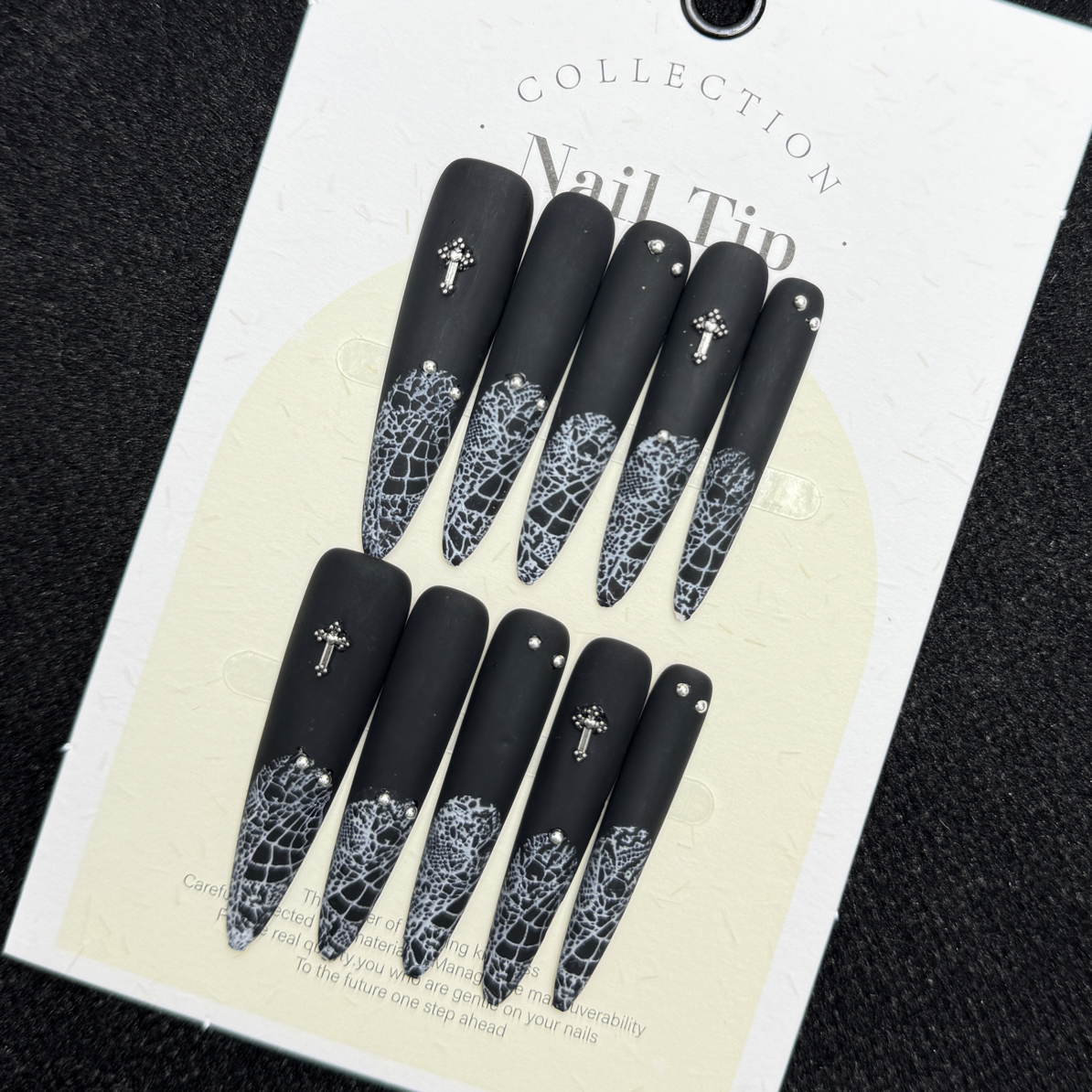 （黑蕾丝）超长尖磨砂暗黑甜酷哥特小众可拆卸穿戴甲贴片高级纯手工