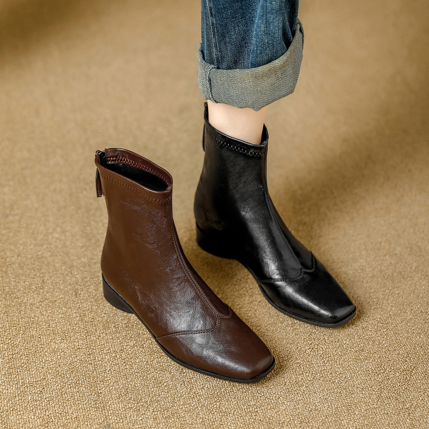 复古美拉德瘦瘦短靴女秋冬新款后拉链粗跟方头舒适百搭弹力小短靴