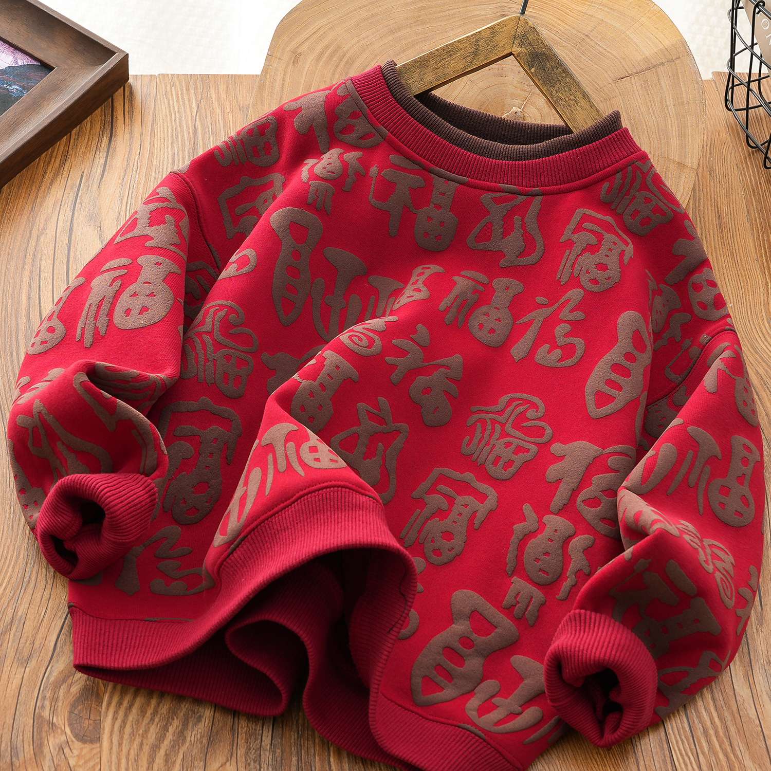 FAVMARTHA男女童加绒卫衣假两件秋冬装新款2025儿童过年加厚圆领