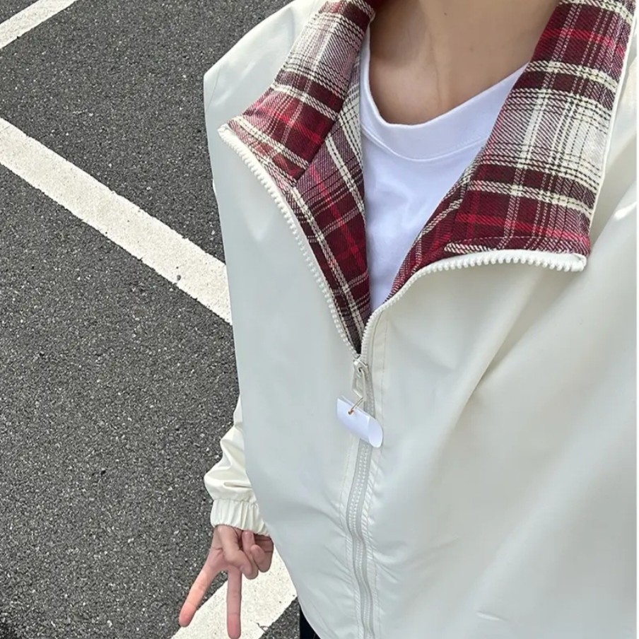 fitcheck格子拼接夹克男春秋复古设计感无帽上衣美式翻领情侣外套