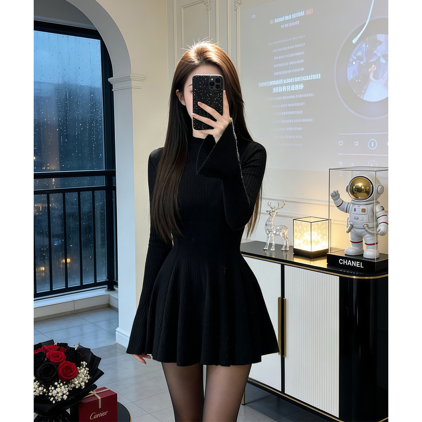 黑色修身法式高领连衣裙长袖裙子秋冬女2025新款高级感百搭小黑裙