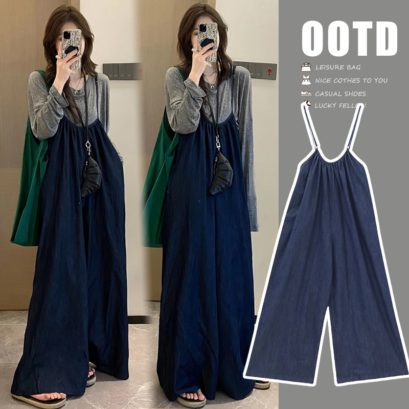 孕妇装2025秋夏季新款时尚韩版宽松复古减龄牛仔背带裤孕妇套装