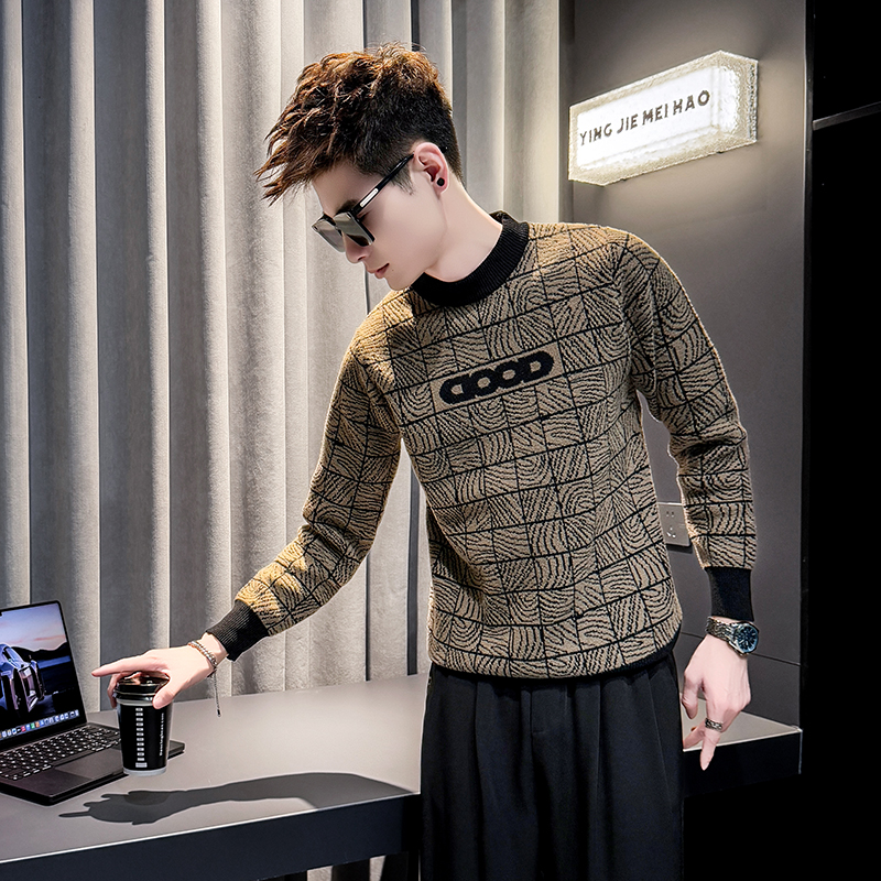 男士圆领加厚毛衣2025冬季新款字母印花针织衫时尚休闲长袖打底衫