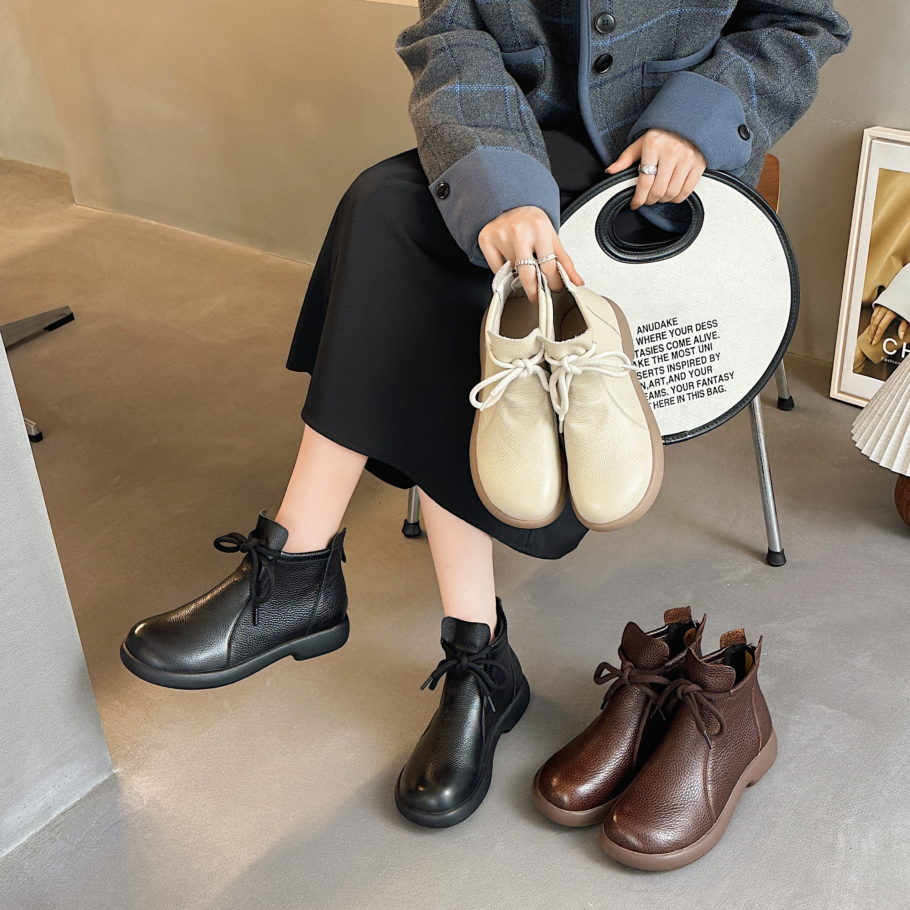 头层牛皮平跟交叉绑带薄款秋冬缝制马丁靴系带休闲复古圆头百搭
