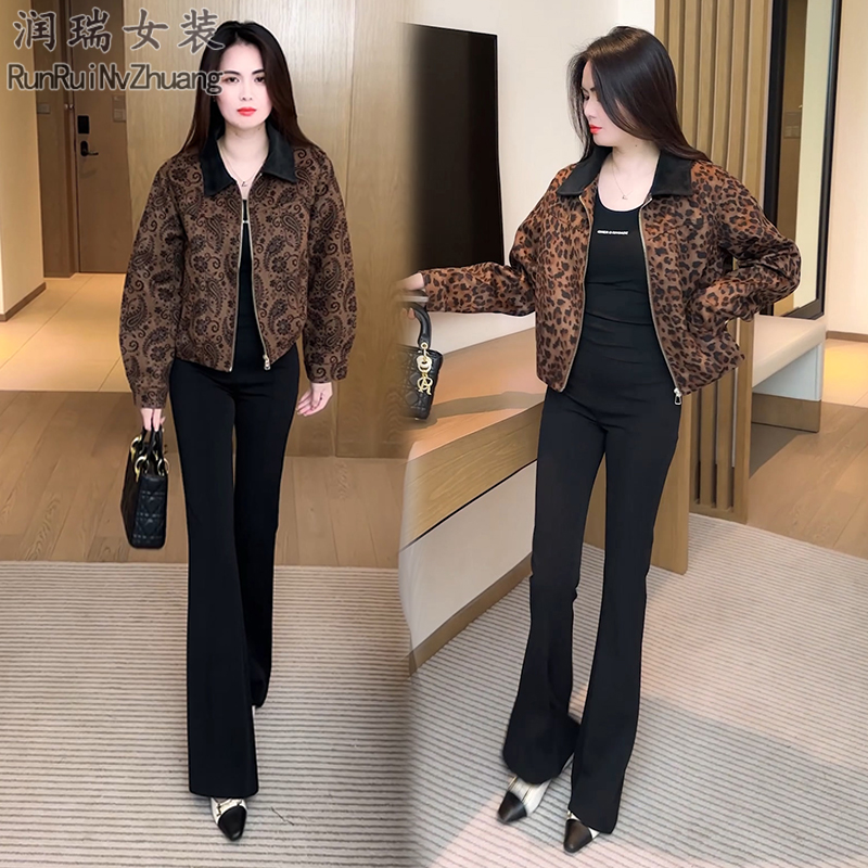 豹纹洋气翻领短外套女2025秋季新款小个子穿搭气质减龄短款夹克潮