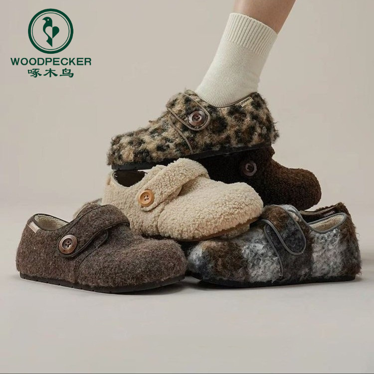 啄木鸟加绒毛毛鞋女款2025年秋冬保暖魔术贴棉鞋羊羔毛包跟勃肯鞋