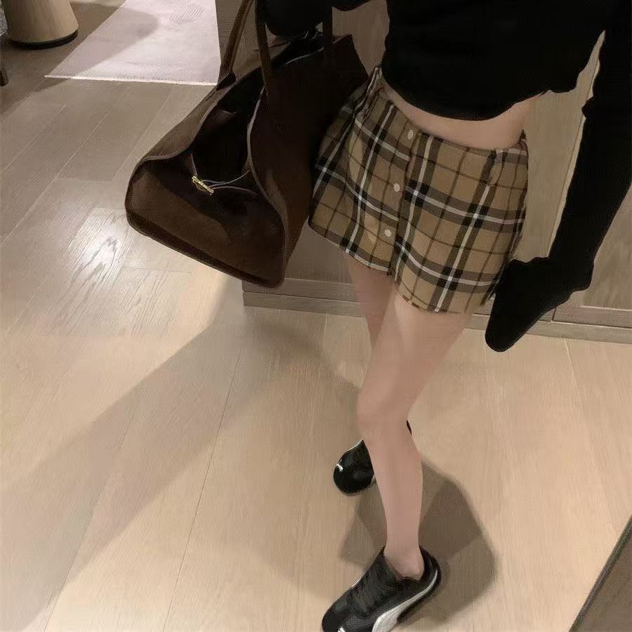 咖色复古格纹半身裙女春夏新款高腰单排扣拼色撞色格子裤裙短裙子