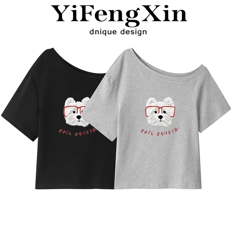 灰色小狗斜肩露肩短袖t恤女夏季夏2025新款设计感小众宽松小上衣