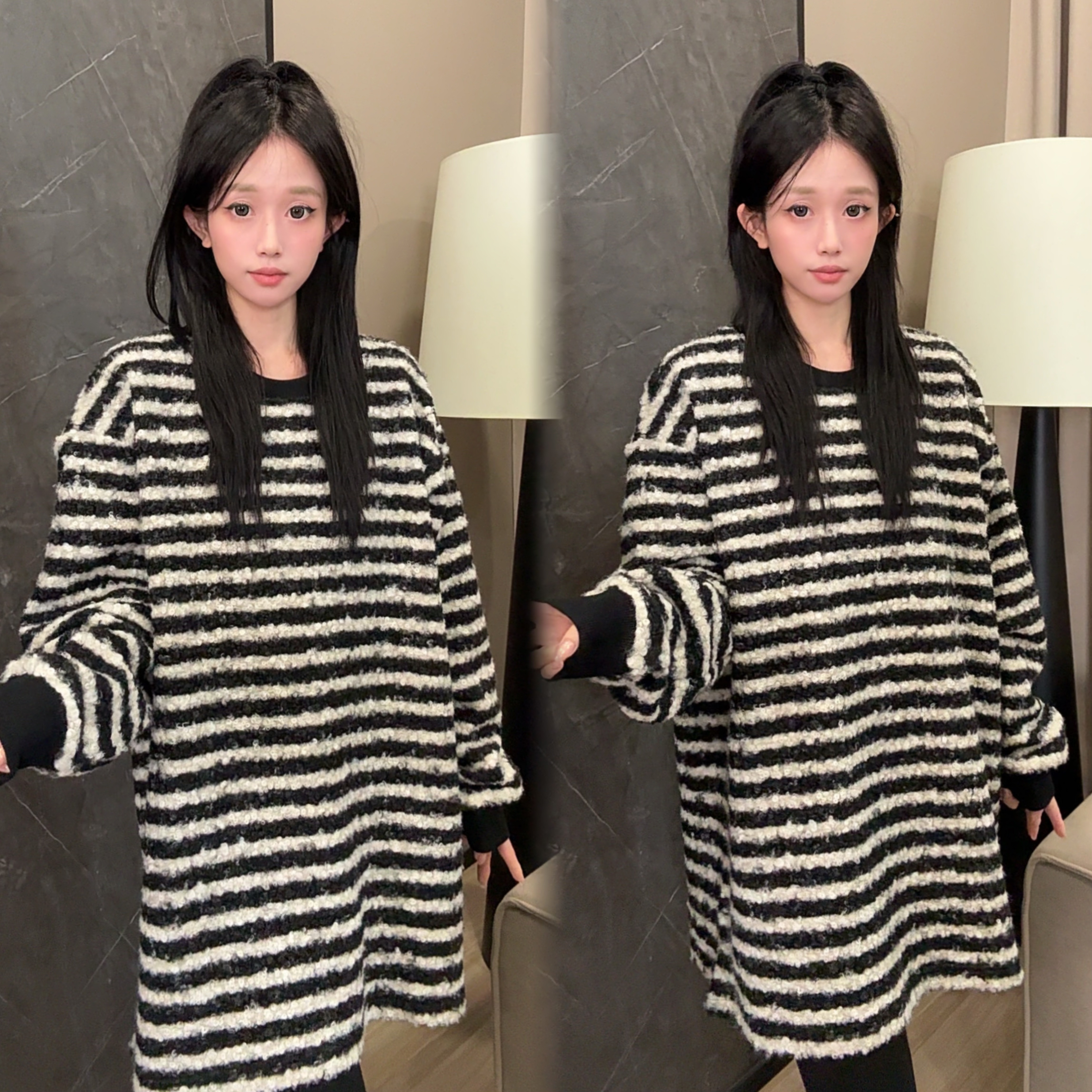 秋冬黑白条纹撞色圆领毛毛双面绒宽松卫衣#25461