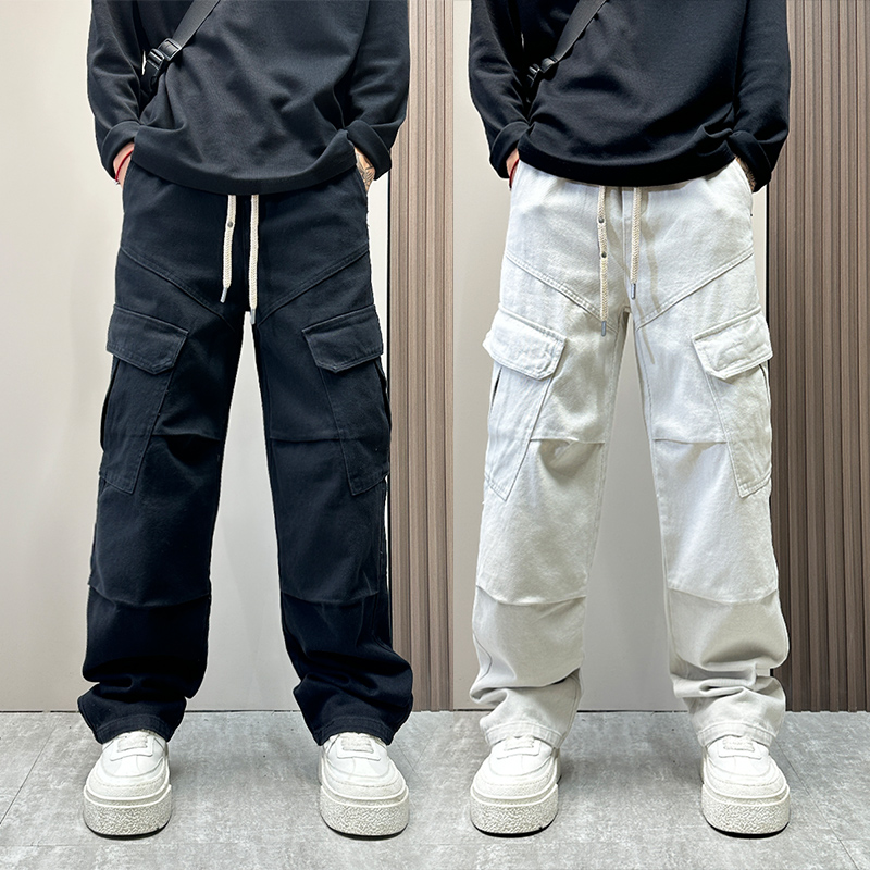 美式潮牌复古做旧直筒牛仔裤男款秋冬宽松百搭多口袋休闲工装裤子