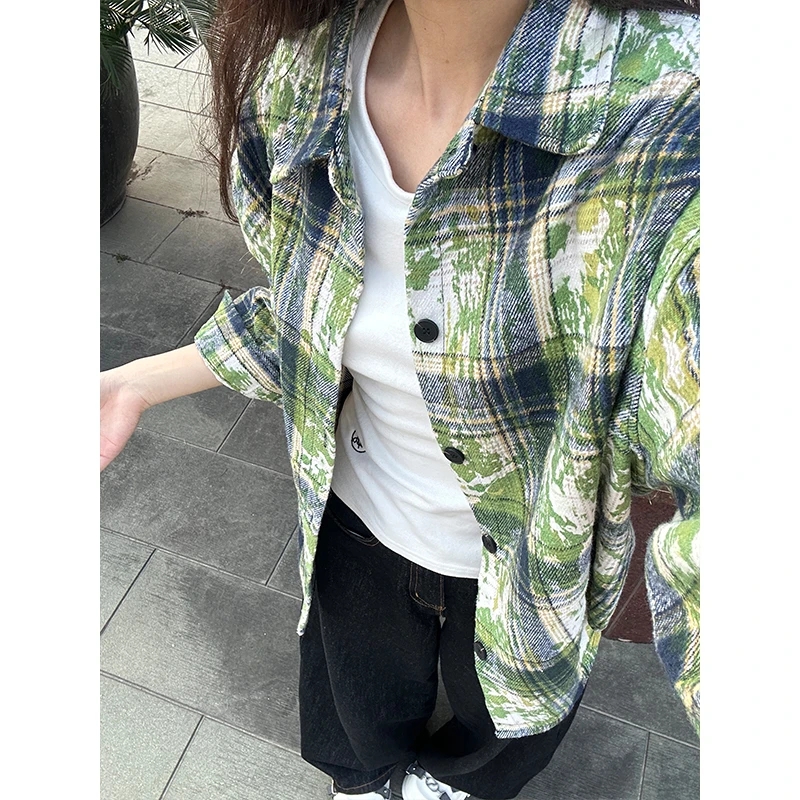 美式复古泼墨扎染格子衬衫男春秋季cleanfit长袖衬衣潮牌情侣外套