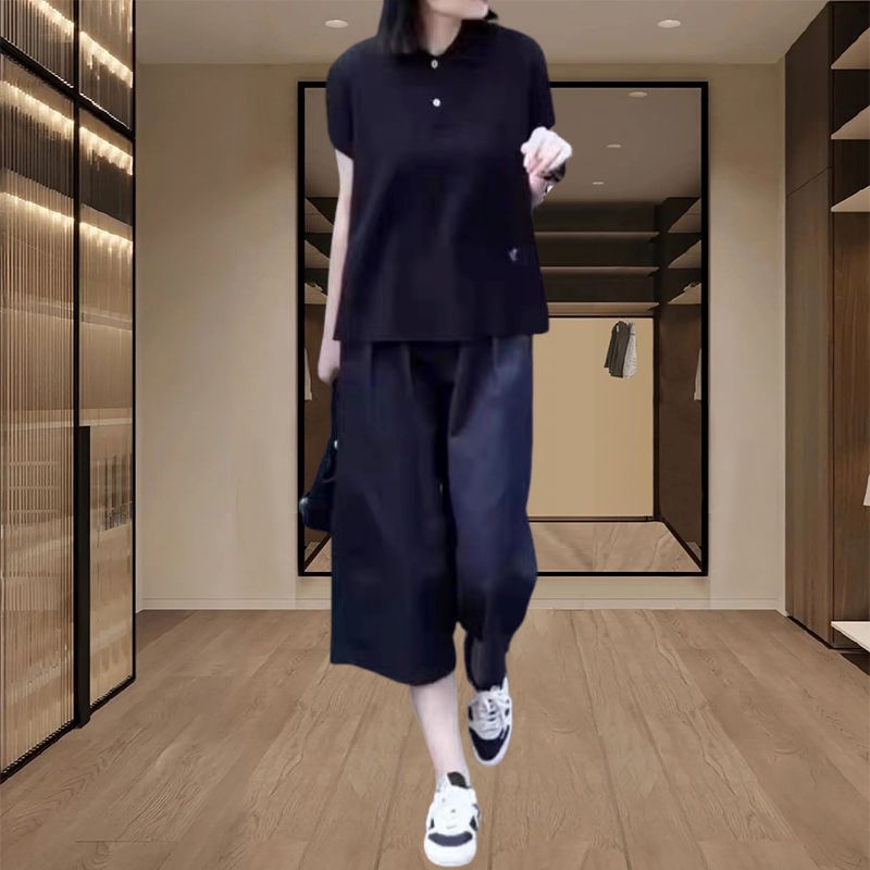 大方得体穿搭一整套2025夏季新款女士宽松大码POLO领上衣休闲裤子
