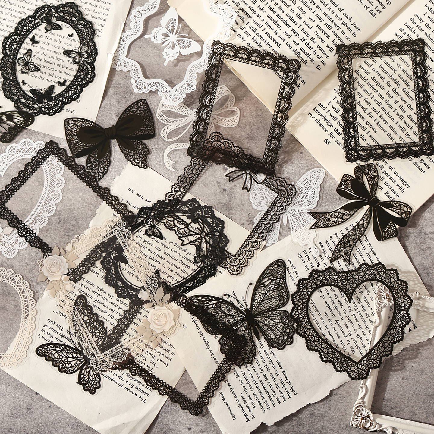 黑白蕾丝贴纸ins高颜值镂空蝴蝶爱心边框素材手帐照片diy装饰贴画