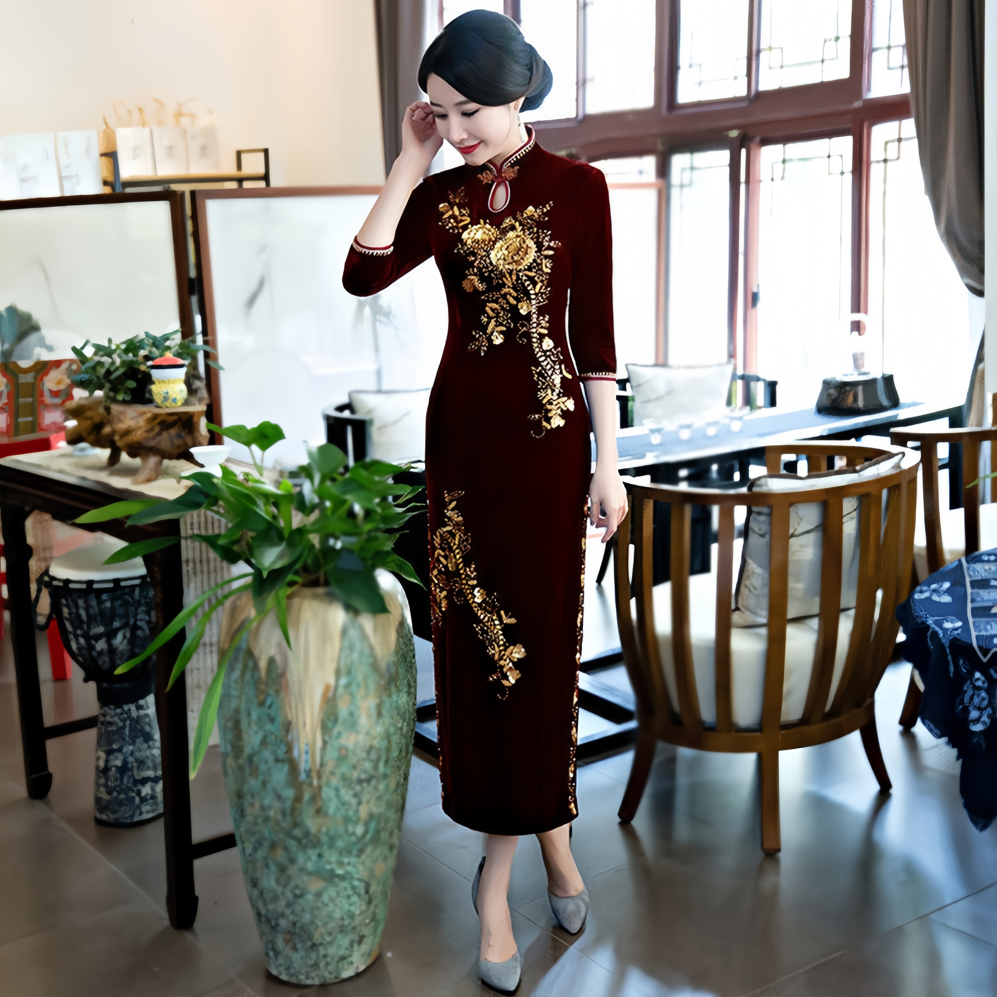 秋冬高贵中式钉珠金丝绒旗袍显瘦气质优雅修身长款大码中国风旗袍