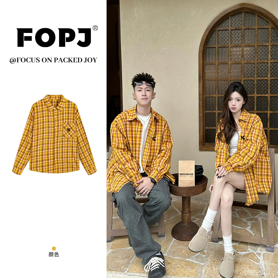 FOPJ刺绣款美式复古格子衬衫春秋新款设计感开衫外套情侣款衬衣