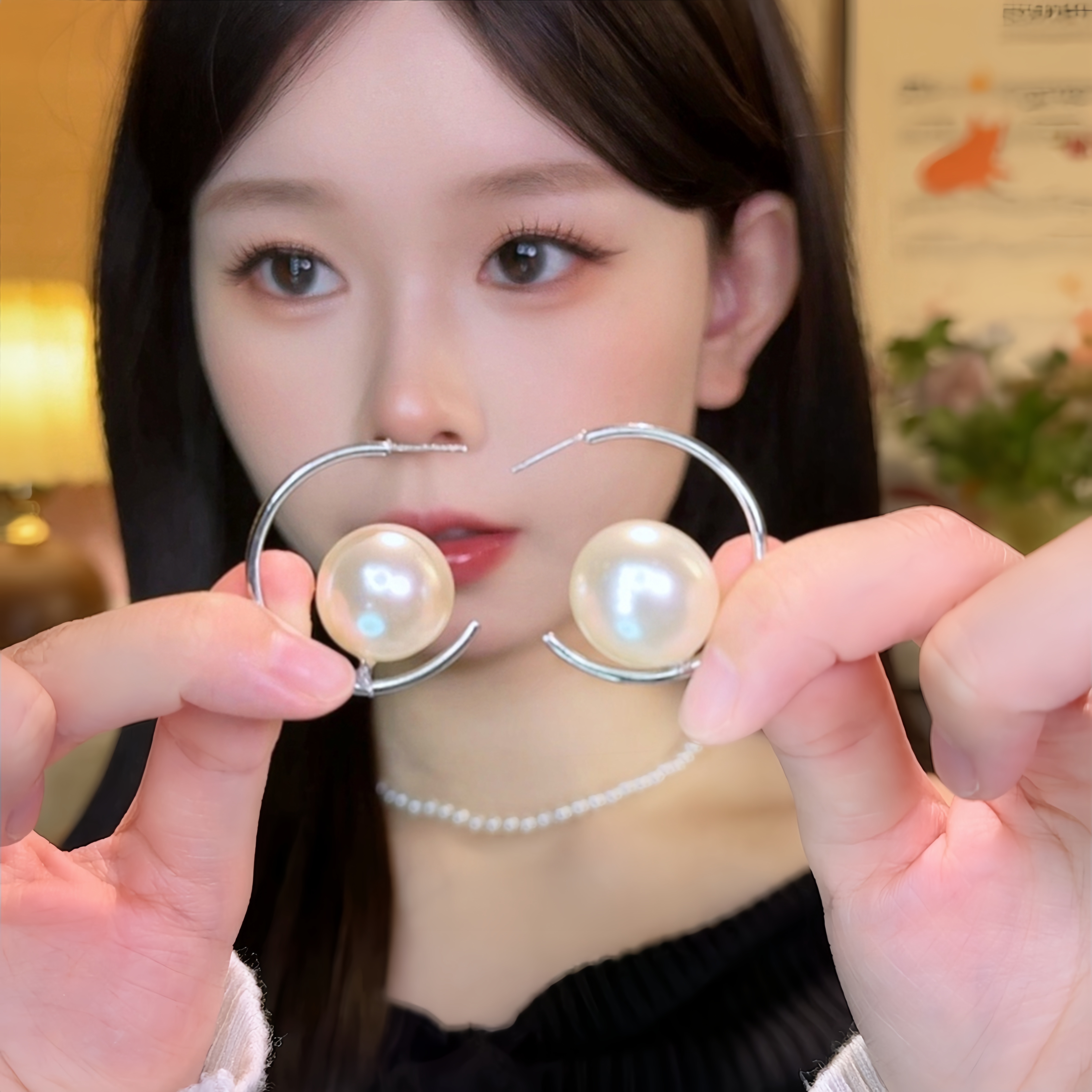 合金耳饰 法式复古气质大颗珠珠耳钉女高级感冷淡风夸张耳环百搭