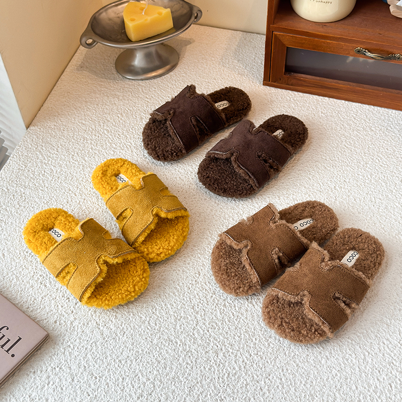 【时髦精】韩版秋冬休闲毛绒一字拖女童法式老钱风外穿百搭毛毛拖鞋