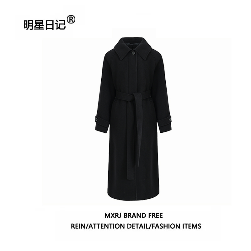 明星日记【100%羊毛】韩素希同款黑色毛呢大衣系带修身显瘦毛呢外套