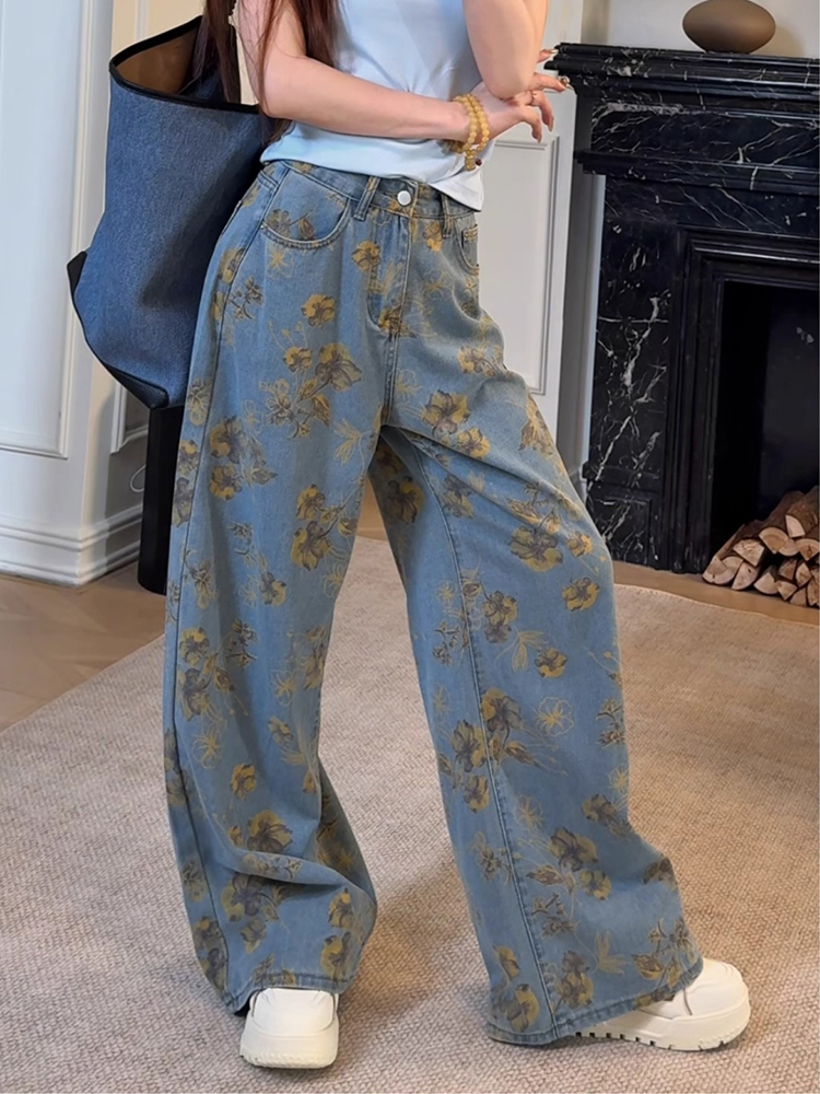 大码美式复古印花牛仔裤女夏季新款慵懒宽松高腰垂感直筒阔腿裤子