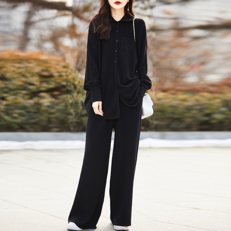 24春夏新款气质通勤风针织开衫阔腿裤女生纯美拉德色黑色羊毛压皱