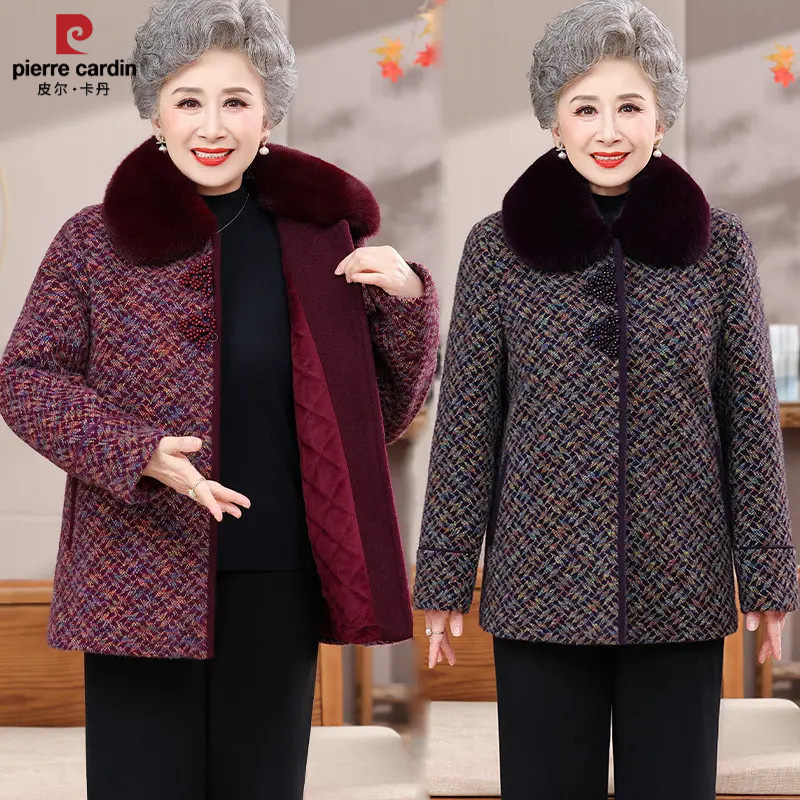 皮尔卡丹中长款加厚外套中老年冬装女奶奶秋冬季大衣老太太保暖棉