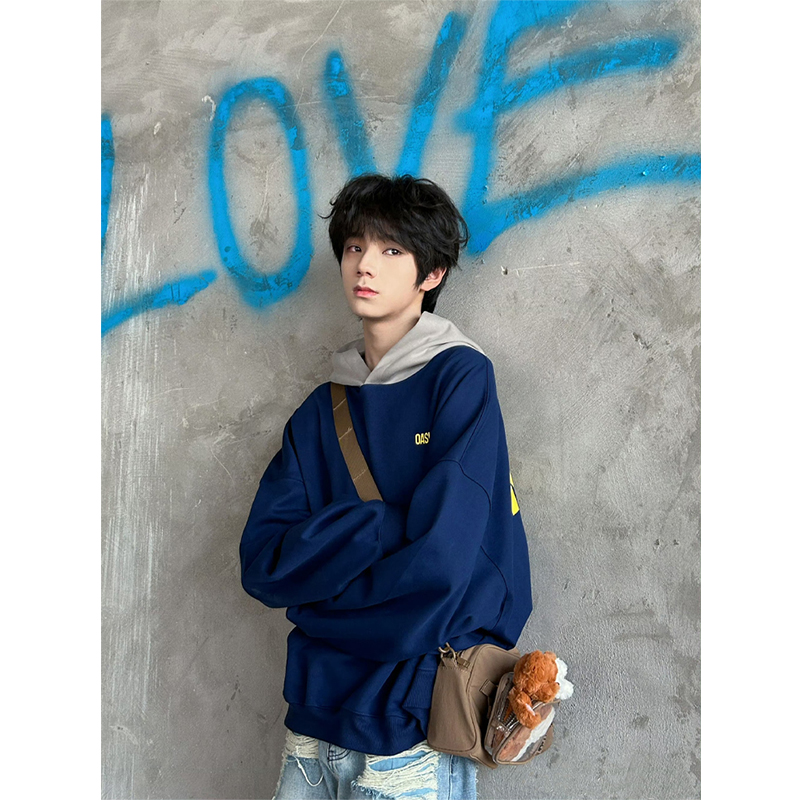 王橹杰同款cleanfit美式撞色卫衣男秋冬加绒加厚boxy连帽外套衣服