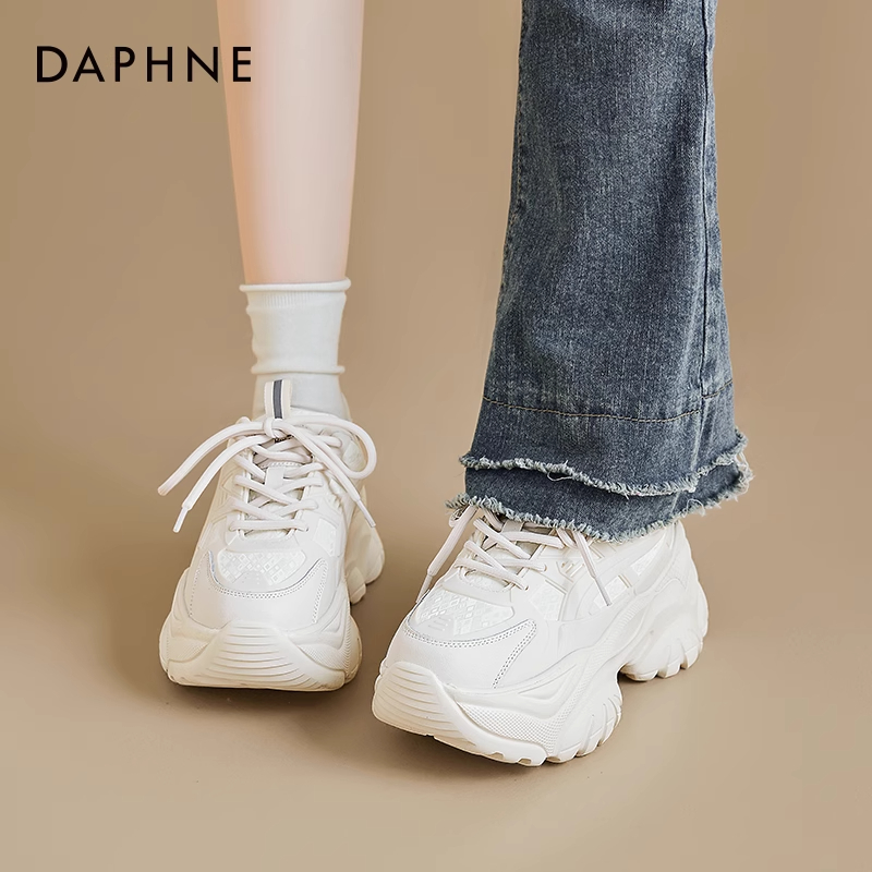 达芙妮真皮老爹鞋女2025新款爆款秋季厚底增高百搭运动休闲小白鞋