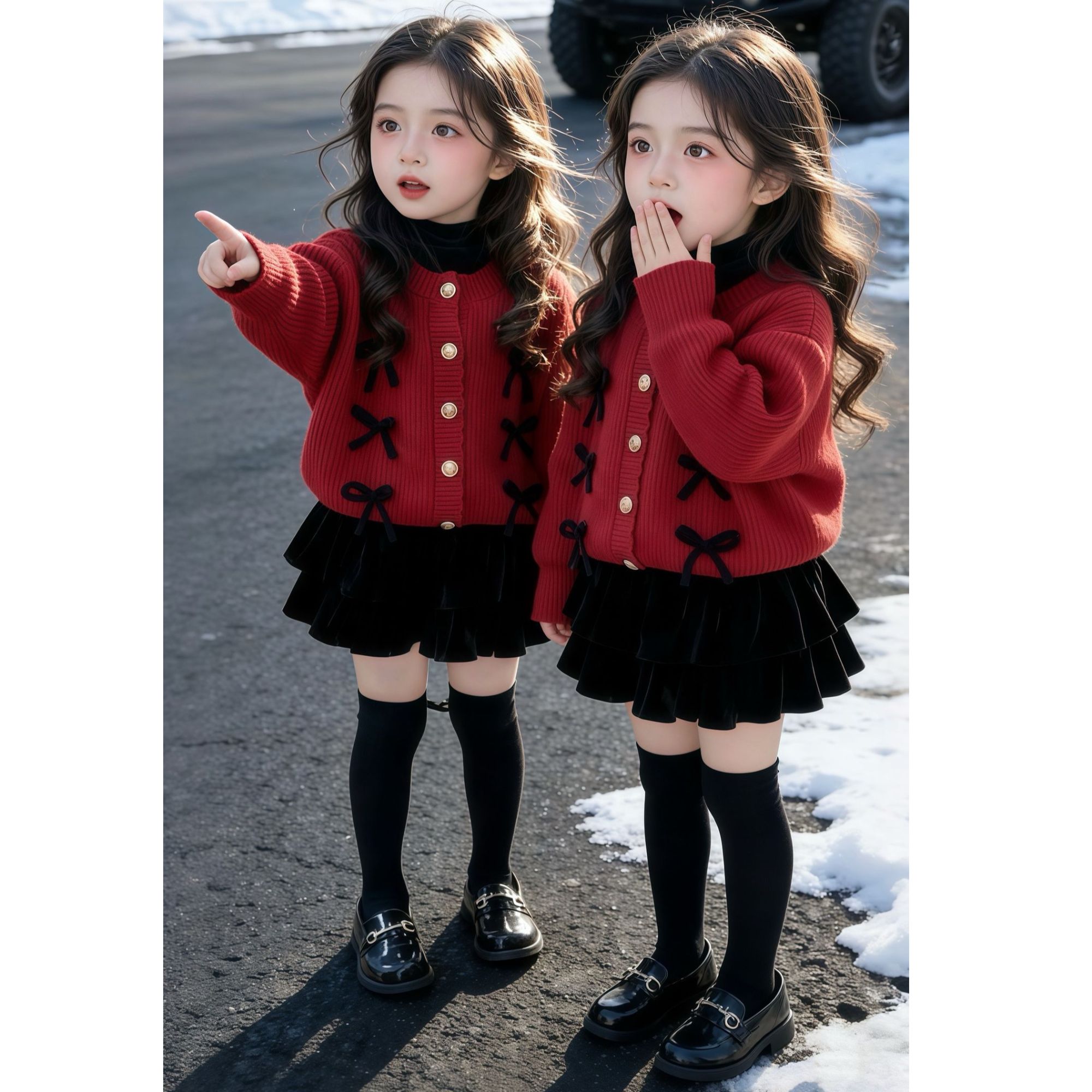 韩版冬装女童毛衣套装洋气红色蝴蝶结针织开衫儿童姐妹圣诞新年服