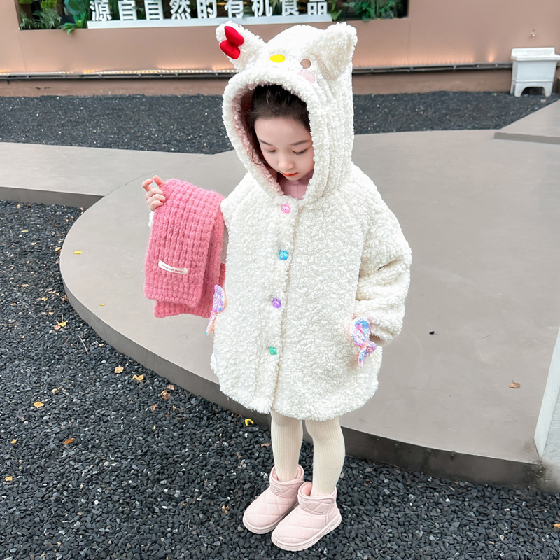 女童加绒加厚毛毛外套秋冬季2025新款羊羔绒棉服春装薄棉大衣儿童