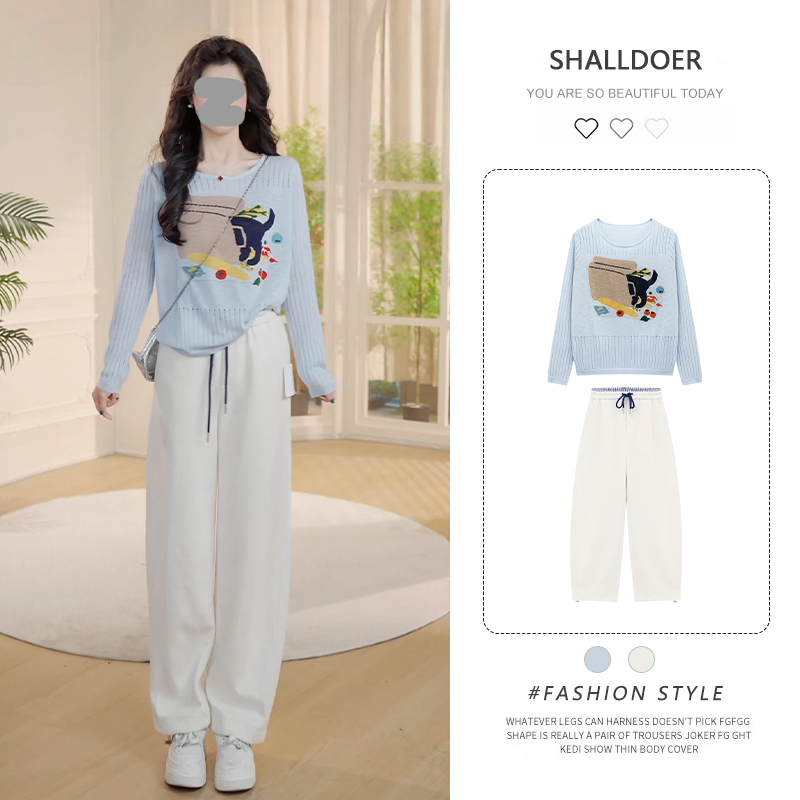 2025年秋季新款印花长袖上衣+高腰休闲裤套装女慵懒风显瘦两件套